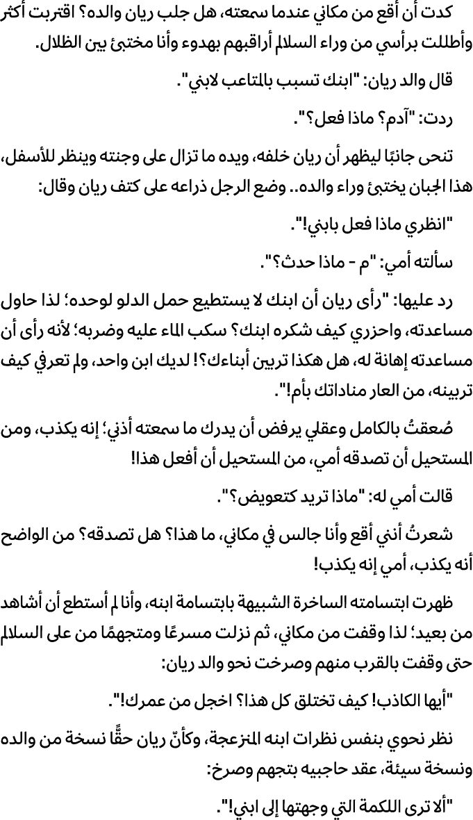 كدت أن أقع من مكاني عندما سمعته، هل جلب ريان والده؟ اقتربت أكثر وأطللت برأسي من وراء السلالم أراقبهم بهدوء وأنا مختبئ...