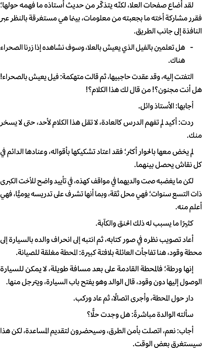 لقد أضاع صفحات العلا، لكنّه يتذكّر من حديث أستاذه ما فهمه حولها؛ فقرر مشاركة أخته ما بجعبته من معلومات، بينما هي مستغ...