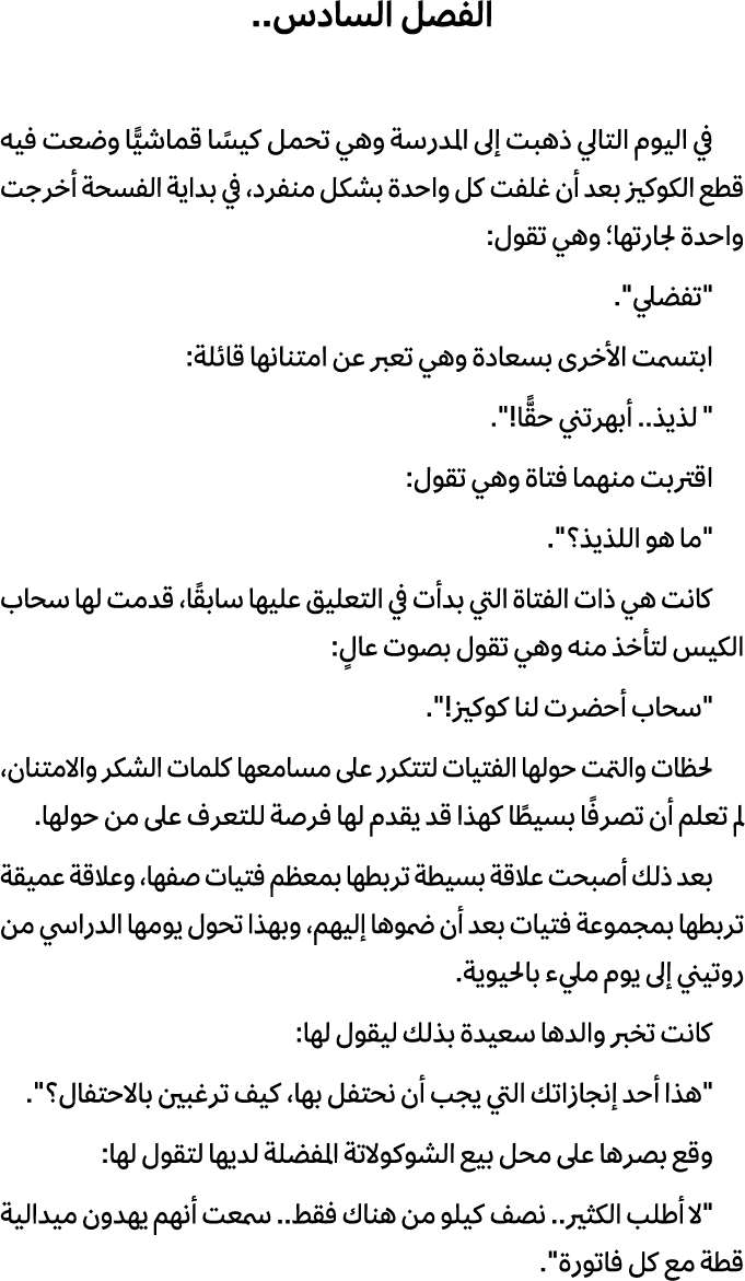الفصل السادس.. في اليوم التالي ذهبت إلى المدرسة وهي تحمل كيسًا قماشيًّا وضعت فيه قطع الكوكيز بعد أن غلفت كل واحدة بشك...