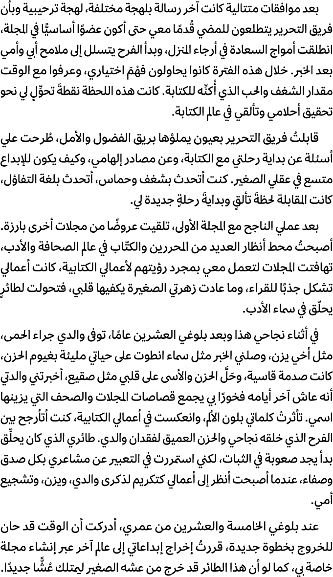 بعد موافقات متتالية كانت آخر رسالة بلهجة مختلفة، لهجة ترحيبية وبأن فريق التحرير يتطلعون للمضي قُدمًا معي حتى أكون عضو...