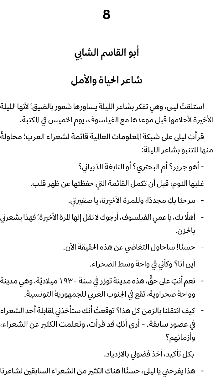 8 أبو القاسم الشابي شاعر الحياة والأمل استلقتْ ليلى، وهي تفكر بشاعر الليلة يساورها شعور بالضيق؛ لأنها الليلة الأخيرة ...