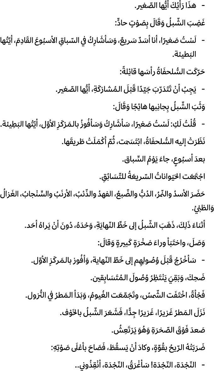  هذَا رَأيُكَ أيُّها الصّغير. غَضِبَ الشّبلُ وَقَالَ بِصَوْتٍ حادٍّ: لَسْتُ صَغيرًا، أنا أسَدٌ سَريعٌ، وَسَأشَارِكُ ف...