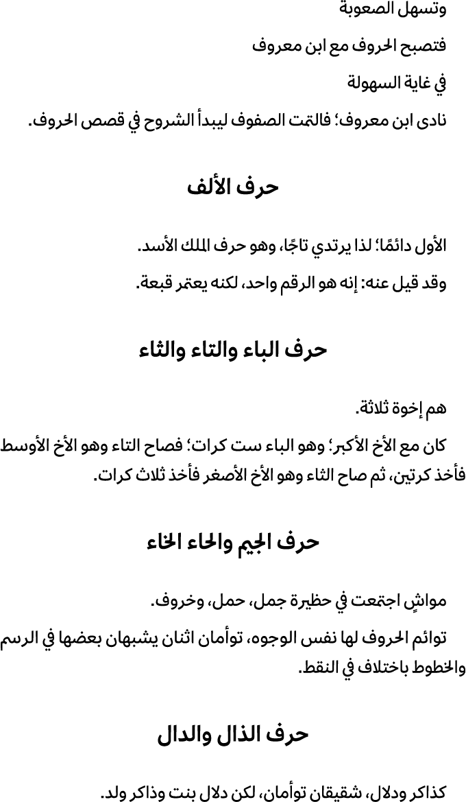 وتسهل الصعوبة فتصبح الحروف مع ابن معروف في غاية السهولة نادى ابن معروف؛ فالتمت الصفوف ليبدأ الشروح في قصص الحروف. حرف...