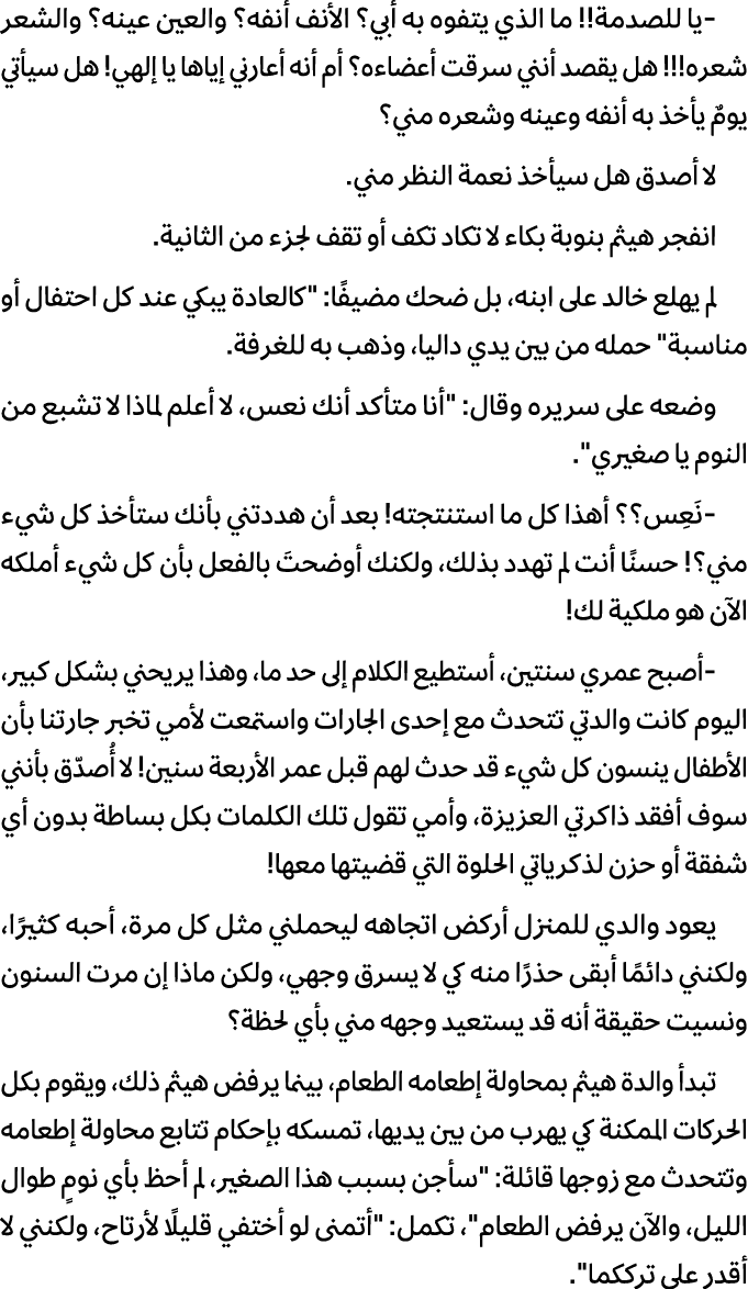  يا للصدمة!! ما الذي يتفوه به أبي؟ الأنف أنفه؟ والعين عينه؟ والشعر شعره!!! هل يقصد أنني سرقت أعضاءه؟ أم أنه أعارني إي...
