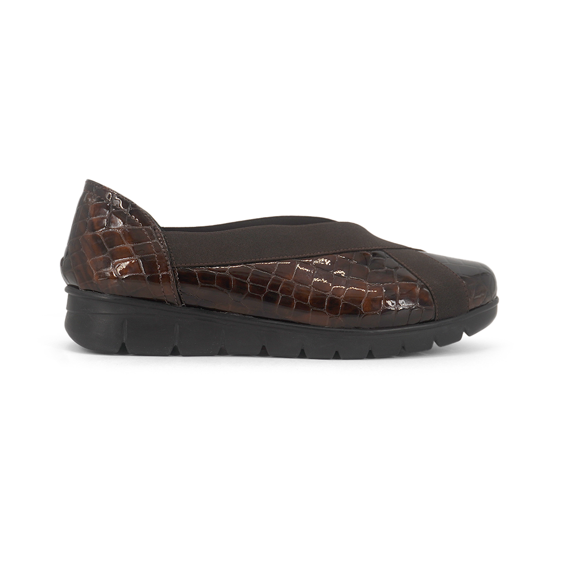 CEDRO-Women's Brown Patent Crocodile Print Elastic Slip-On