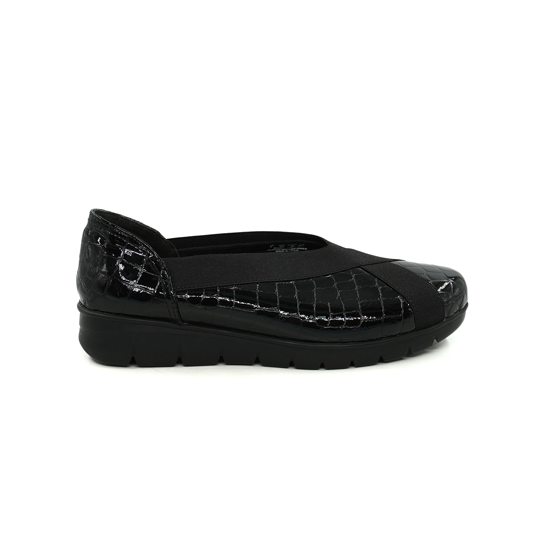 CEDRO-Women's Black Patent Crocodile Print Elastic Slip-On